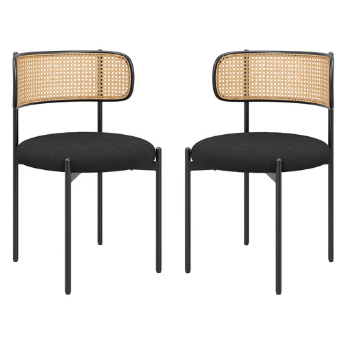 Modern Upholstered Dining Chairs Set of 2 Rattan Back Metal Legs