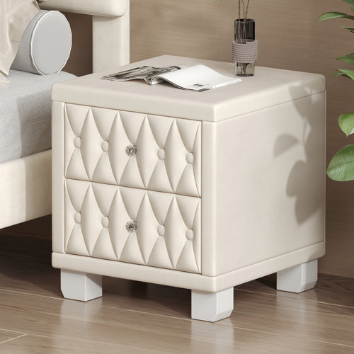 2-Drawer Velvet Nightstand Tufted Beige