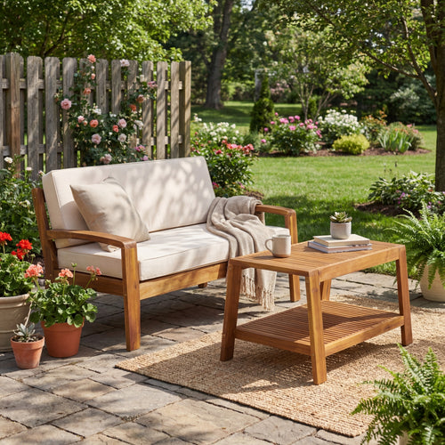 Outdoor Conversation Set Acacia Wood Teak Beige Cushion 2 Piece