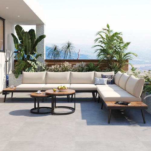 Outdoor Sectional Set Acacia Wood Steel Beige Cushion 6 Piece Seats 5