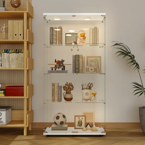 Tempered Glass Display Cabinet White w/ Lock & Adjustable Feet