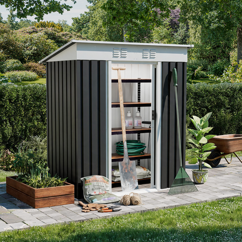 5x3 FT Metal Garden Shed with Sliding Door Pent Roof Storage Sheds Outdoor