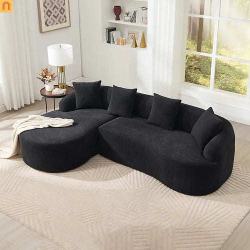 Sectional Sofa L-Shape Curved Chaise Chenille Black 3 Seat 99 In