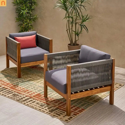 Outdoor Club Chair Set Acacia Wood Rope Teak Cushions Set of 2