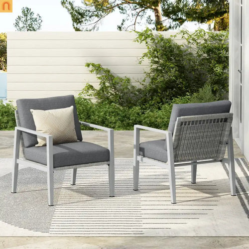 Outdoor Lounge Chair Aluminum Rope Accent Gray Silver White Cushion