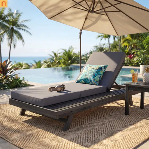 Chaise Lounge Acacia Wood Black Dark Gray 4 Position Adjustable 79in