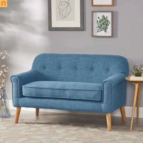 Loveseat Mid Century Modern Fabric Blue Button Tufted 50.75in