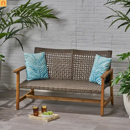 Outdoor Sofa Loveseat Acacia Wood Wicker Natural 52in