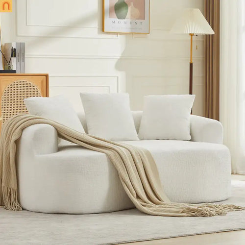 Loveseat Curved Chenille Beige 3 Pillows 300 lb 70in No Assembly