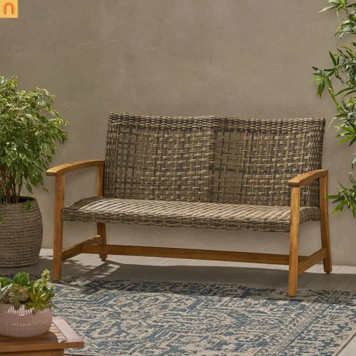 Outdoor Loveseat Acacia Wood Wicker Natural Gray 52in