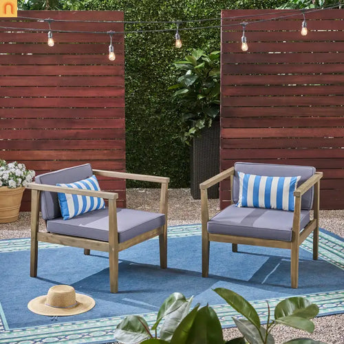 Outdoor Club Chair Acacia Wood Gray Dark Gray Cushion Set of 2