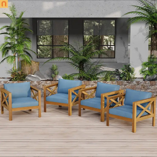 Outdoor Club Chair Set Acacia Wood Teak Blue Cushions Set of 4