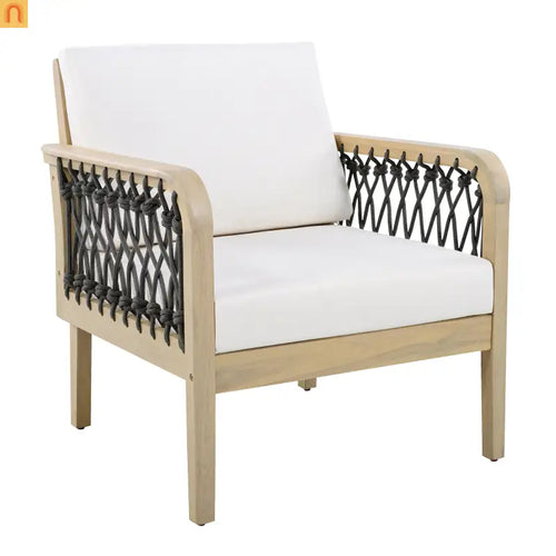 Outdoor Club Chair Acacia Wood Rope Light Teak Cream Cushion
