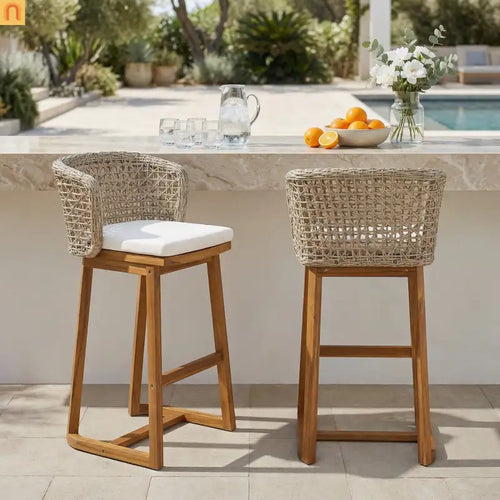 Outdoor Bar Stool Acacia Wood Wicker Back Teak Beige Cushion Set of 2