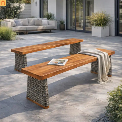 Outdoor Bench Acacia Wood Wicker Legs Teak Gray 57in Set of 2