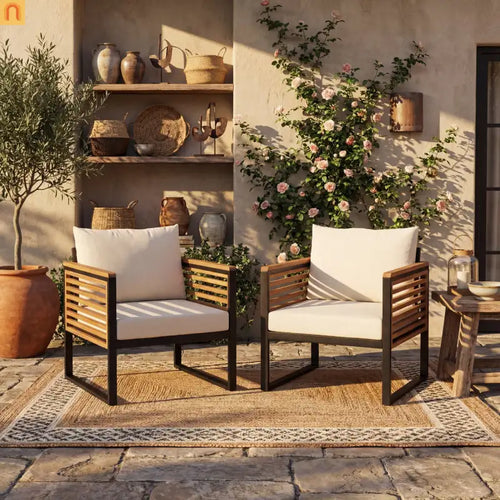 Outdoor Chair Acacia Wood Steel Set of 2 Cushioned