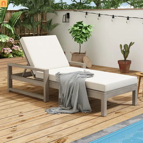 Chaise Lounge Acacia Wood Gray Beige Cushion 5 Position 400 LB