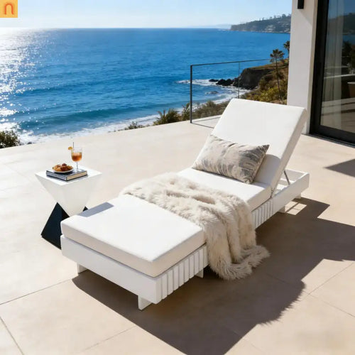 Chaise Lounge Acacia Wood White Cushion 6 Position 400 LB 3-Fold