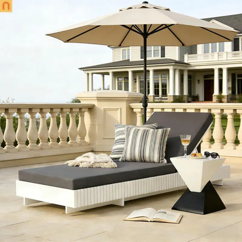 Chaise Lounge Acacia Wood White Frame Dark Gray Cushion 6 Position 400 LB