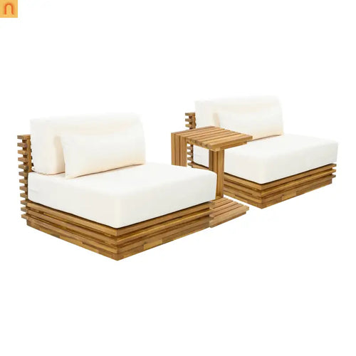 Outdoor Chat Set Acacia Wood Natural Beige Cushions 3 Piece
