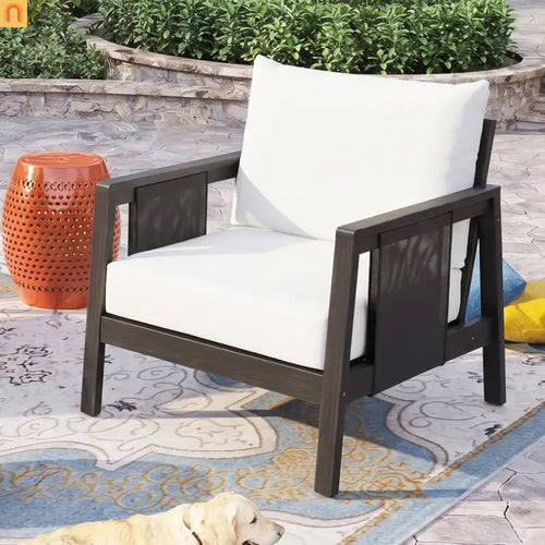 Outdoor Club Chair Acacia Wood Textilene Dark Gray White Cushion
