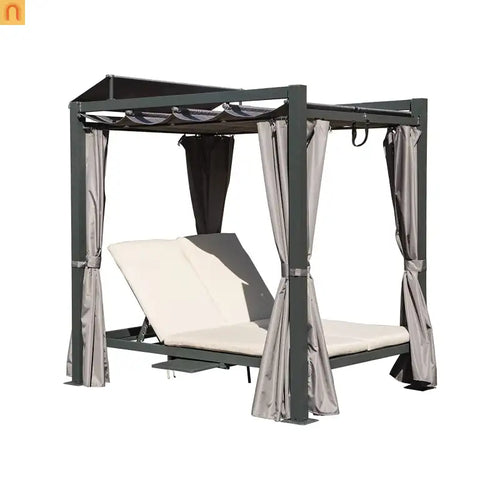 Outdoor Double Chaise Lounge Daybed Aluminum Gray Retractable Canopy