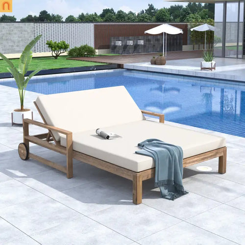 Outdoor Daybed Farmhouse Acacia Wood Beige Cushion Adjustable Poolside