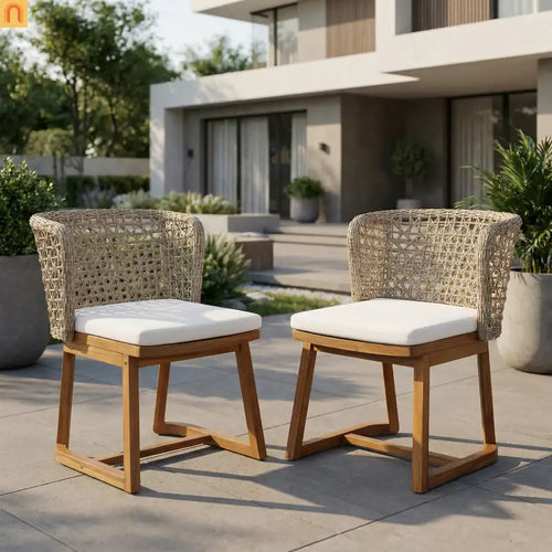 Outdoor Dining Chair Acacia Wood Wicker Teak Beige Cushion Set of 2