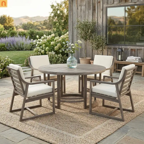 Outdoor Dining Set Acacia Wood Beige Cushions 5 Piece Umbrella Hole