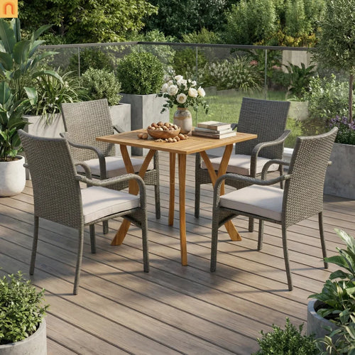Outdoor Dining Set Acacia Wood Teak Gray Wicker 5 Piece Seats 4