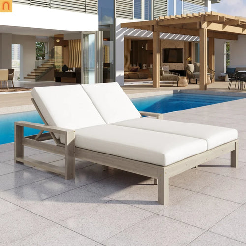 Outdoor Double Lounge Chair Solid Wood Gray 5 Position Adjustable 800 LB