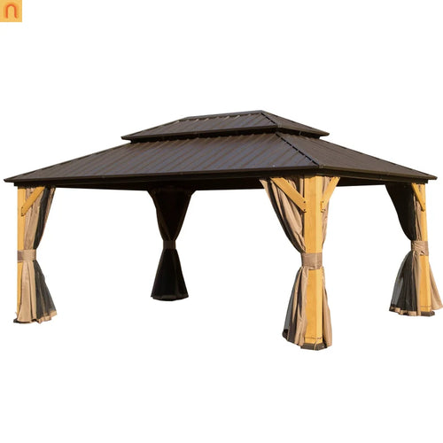 Hardtop Gazebo Cedar Wood Brown 12x16 Ft Netting 164 Sq Ft Shade