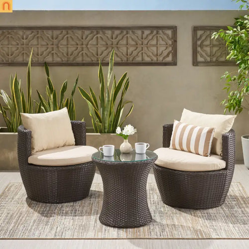 Outdoor Chat Set Wicker Brown Aluminum 3-Piece No Assembly