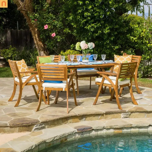 Outdoor Dining Set Acacia Wood Teak Cream Cushions 7 Piece Seats 6