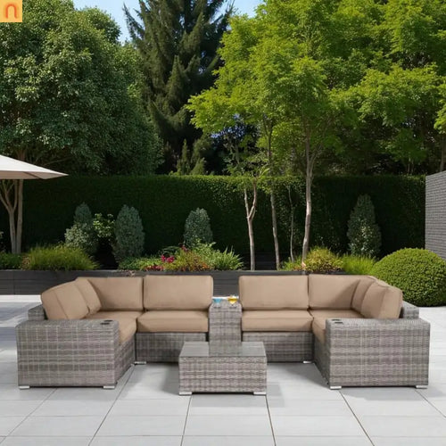 10 Piece Gray Wicker Outdoor Conversation Set 4 Person w Cushions