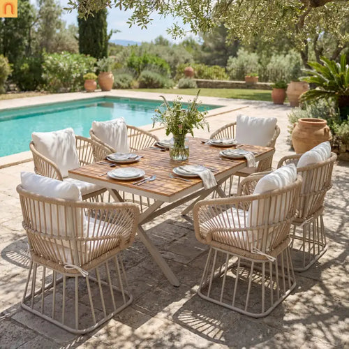 Outdoor Dining Set Teak Table Wicker Chairs Beige 7 Piece Seats 6