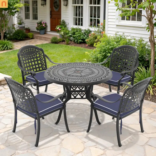 Outdoor Patio Set Cast Aluminum Black Blue Cushions 5-Piece
