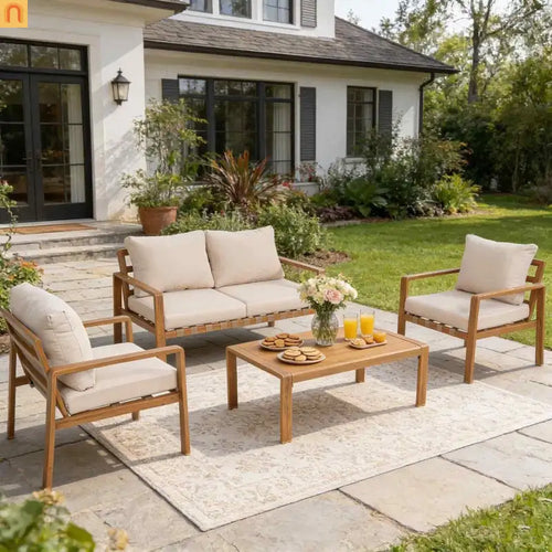 Aluminum Patio Set 4-Piece Gray Wood Grain Cushions