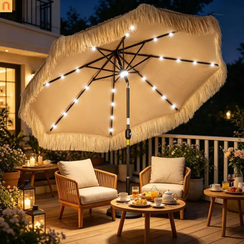 Patio Umbrella Market Straw Tassel Khaki 8.7ft Solar LED Tilt