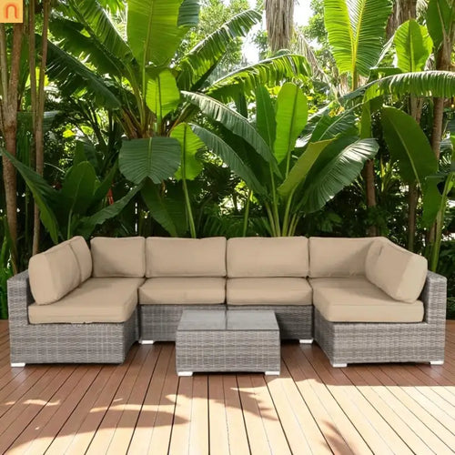 Outdoor Beige Wicker 4 Seater Sectional Set UV Resistant