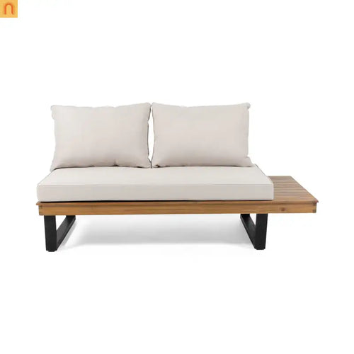 Outdoor Sofa 2-Seater Acacia Wood Beige Cushion Right Arm 64.25in
