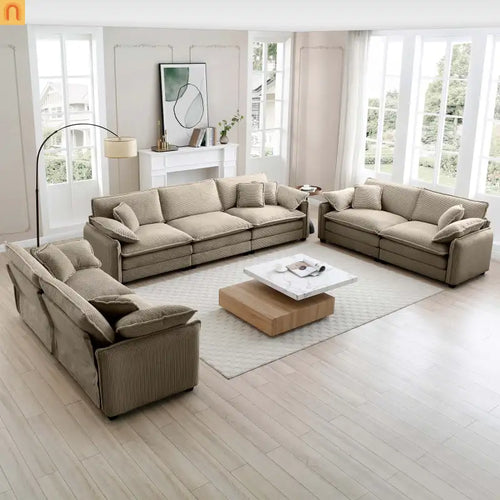Sofa Set Deep Seat Corduroy Tan 7-Seat 3-Piece Retro Style