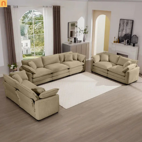 Sofa Set Corduroy Tan Deep Seat 7-Seat 2-Piece Retro Modern