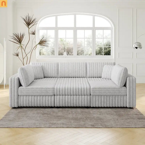 Sofa Modular Microfiber Light Gray 6-Seat Hydraulic Ottoman