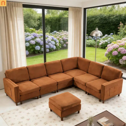 Sofa Modular Fabric Orange Deep Seat 6-Seat 110in
