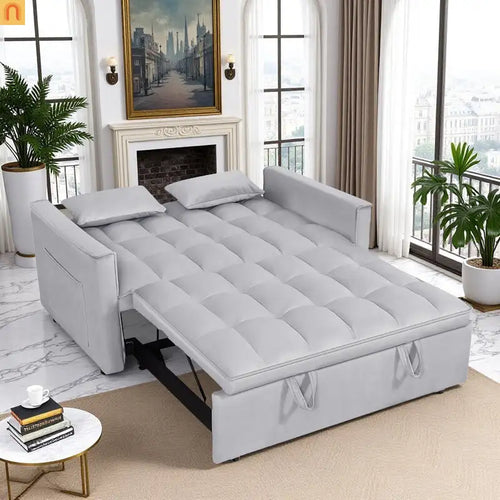 Loveseat Velvet Light Gray Sleeper 2-Seat 54in Adjustable Back