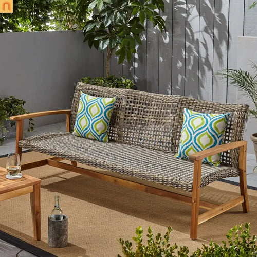 Outdoor Sofa 3-Seater Acacia Wood Wicker Natural Gray 75.5in