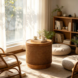 Round Engineered Wood Coffee Table with Storage Natural