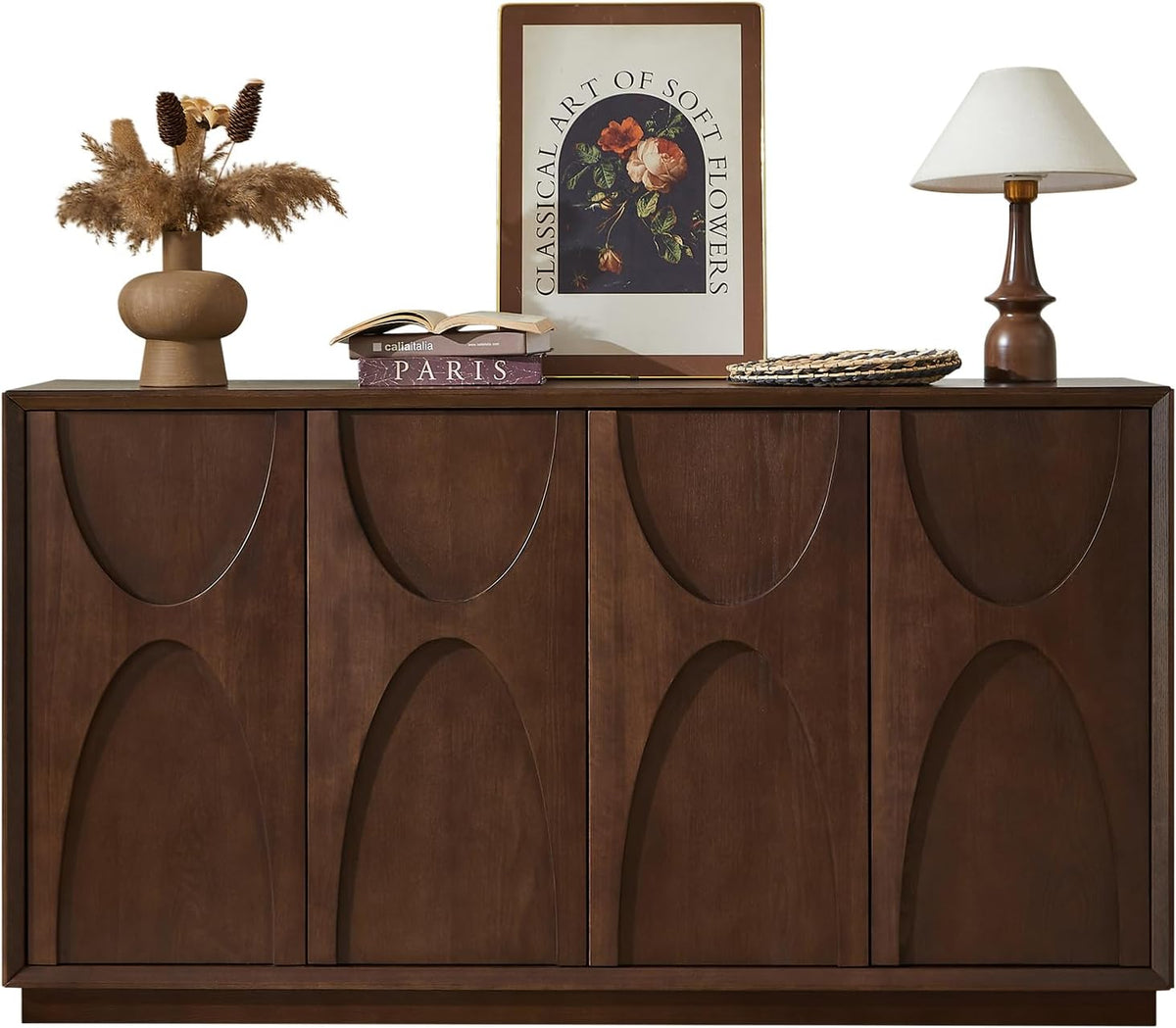 4 Door Accent Cabinet with Solid Wood Carved Doors, Adjustable Shelves