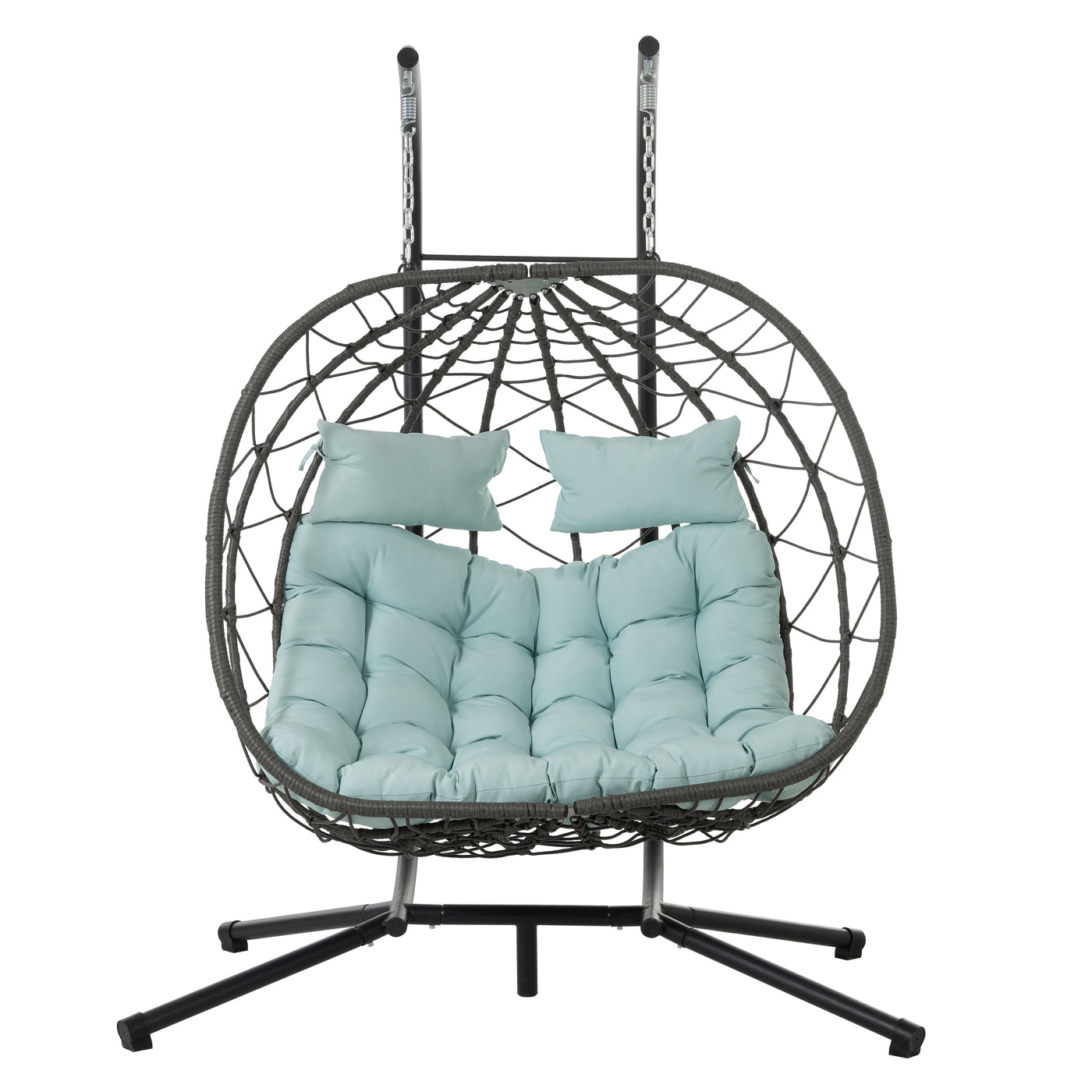 Outdoor Hanging Egg Chair Wicker PE Blue 2-Person Stand Cushion 60.2x36.2 In